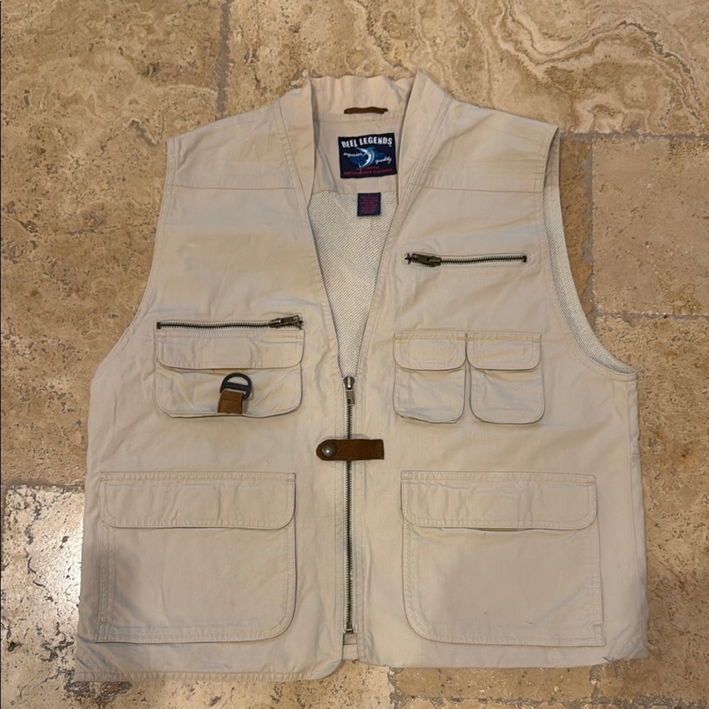 Reel Legends Khaki Tan Men's Fishing Sports Vest Size L 100%Cotton